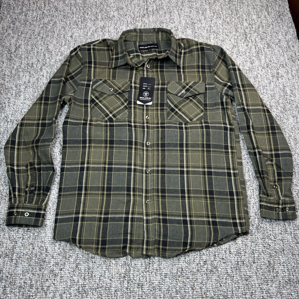 Molokai Surf Co Shirt Mens Small Flannel Button Up Green Plaid NWT